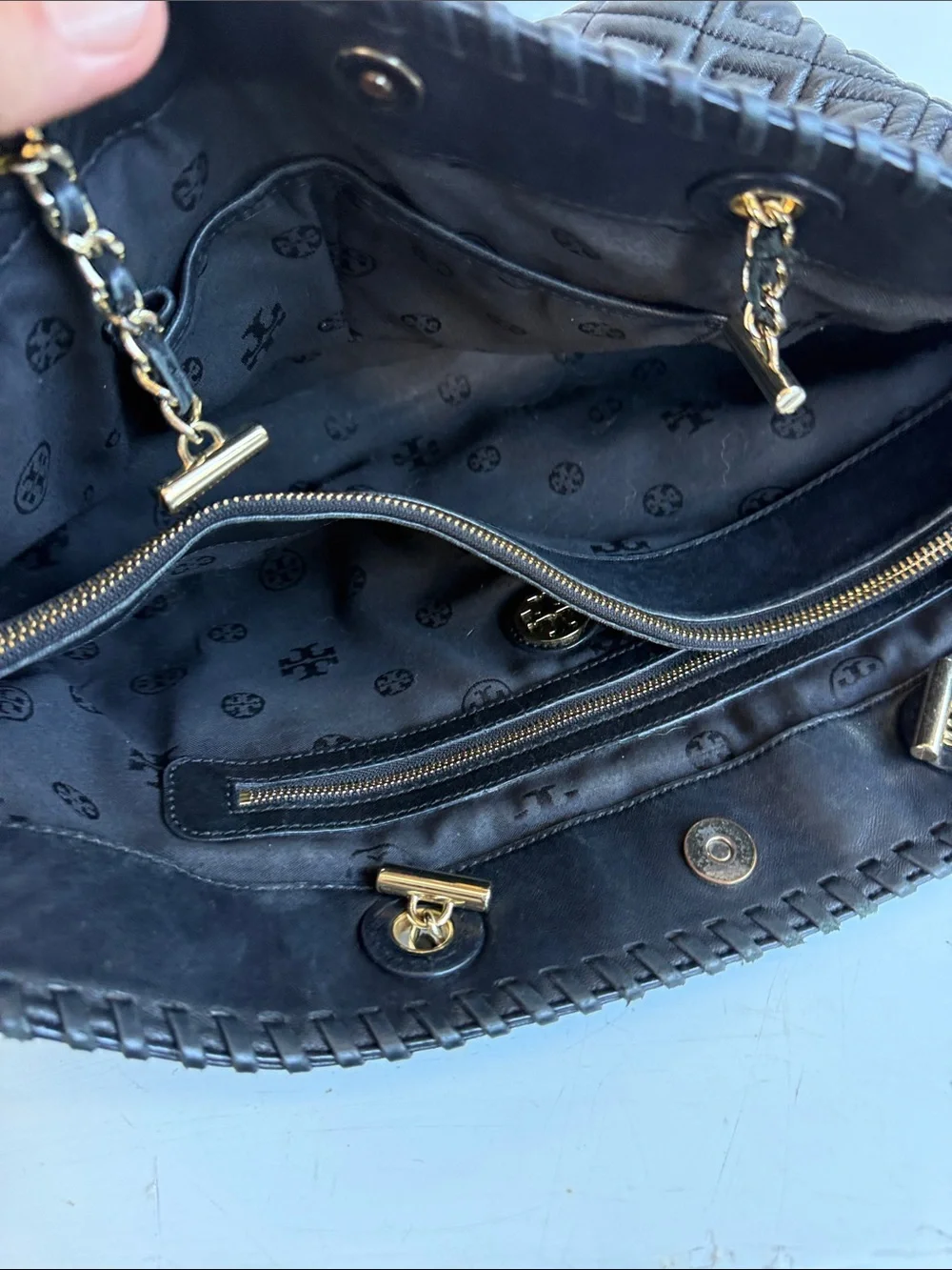 Tory Burch Black Quilted Leather Marion Tote Gold Hardware Bag Purse Luxury